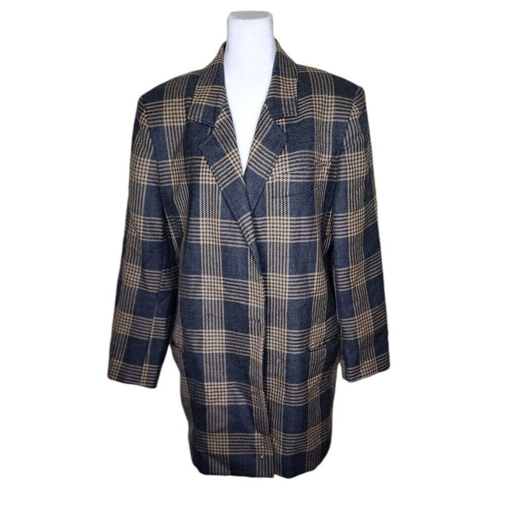 Vintage 80s Lilli Ann Oversized Plaid Boyfriend Blazer Womens XL Blue Brown